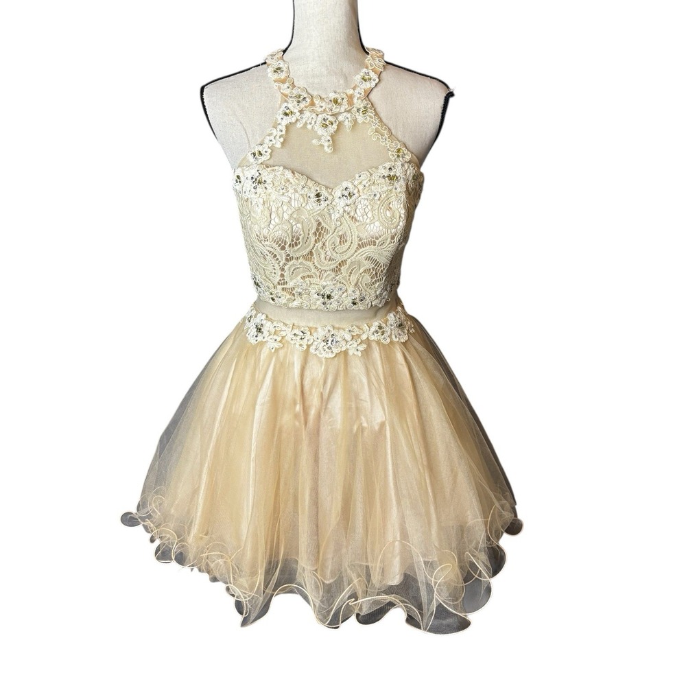 Dancing Queen Appliqued Illusion High Neck Dress Size Medium Flesh Color Tutu